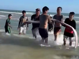 Cá mái chèo dài hơn 4m dạt vào bờ biển, người dân chôn cất theo phong tục..jpg