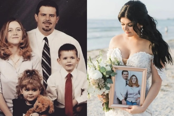 Cô dâu mang theo ảnh bố mẹ đã mất vào lễ đường gây xúc động