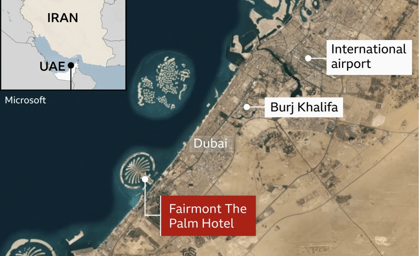 Các địa điểm ở Dubai bị UAV Iran tấn công. Ảnh: BBC