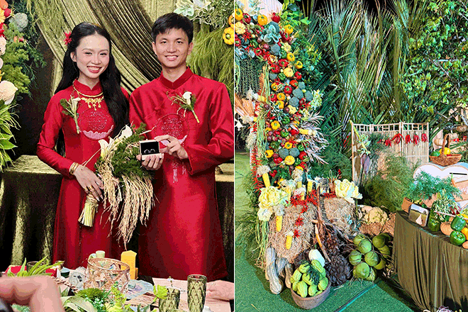Cô dâu Cà Mau dùng 300kg rau củ trang trí đám cưới, khách ăn xong có quà mang về