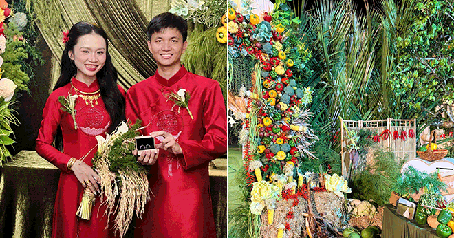 Cô dâu Cà Mau dùng 300kg rau củ trang trí đám cưới, khách ăn xong có quà mang về
