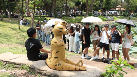  Giới trẻ rủ nhau đội nắng xếp hàng đợi check-in với tượng ếch gây sốt 