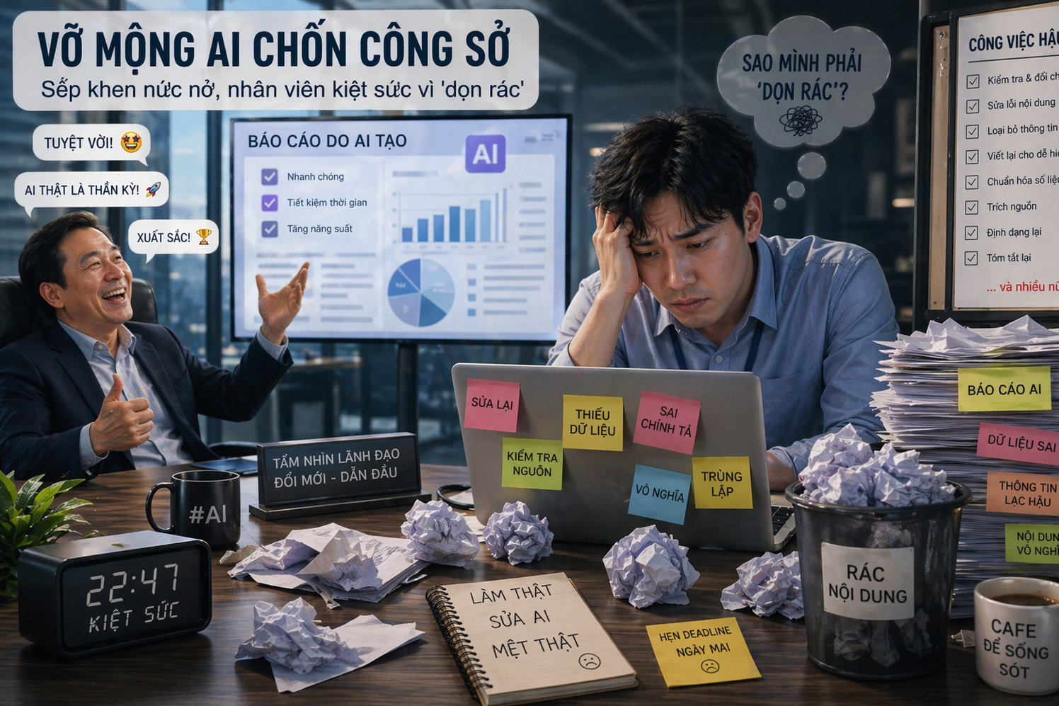 Vỡ mộng AI chốn công sở: Sếp khen nức nở, nhân viên kiệt sức vì 'dọn rác'