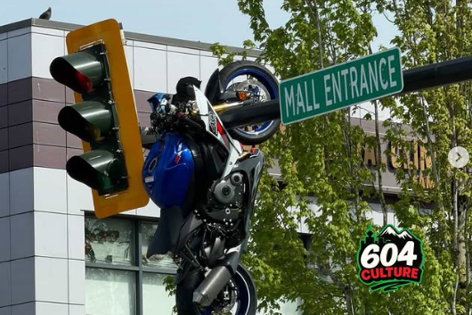 Mô tô Suzuki treo lơ lửng trên cột đèn giao thông sau va chạm với xe sang BMW