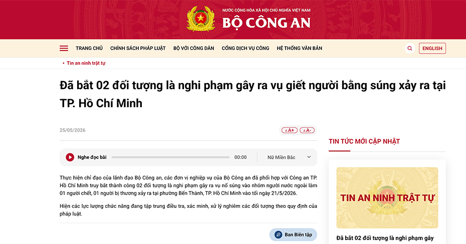 Bắt giữ 2 đối tượng liên quan vụ nổ súng làm 1 người nước ngoài tử vong ở TPHCM