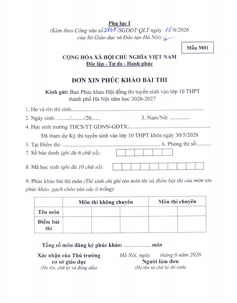 mẫu đơn phúc khảo thi lớp 10 Hà Nội năm 2026.png