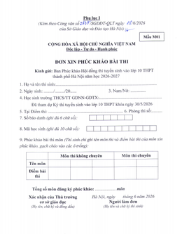 mẫu đơn phúc khảo thi lớp 10 Hà Nội năm 2026.png