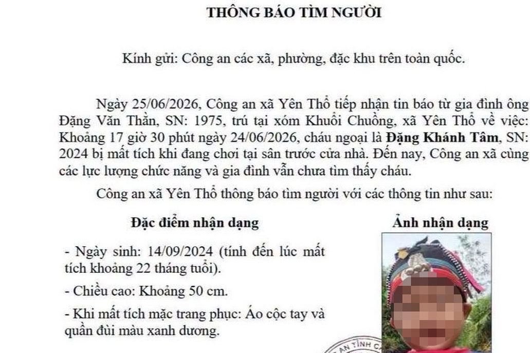 Phát hiện thi thể bé trai 22 tháng tuổi sau 5 ngày mất tích khi đi cùng dì