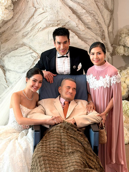 Photo shared by พราวสองโสม แกวใส on July 18, 2026 tagging @urassayas, and @kugimiyas. May be an image of shawl, dinner jacket, wedding, dais and text.jpeg