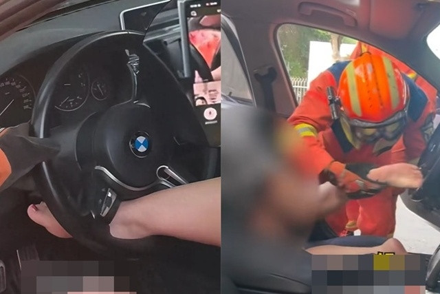 Kẹt chân vào vô lăng xe BMW, cô gái phải cầu cứu sau 2 giờ tự xoay xở