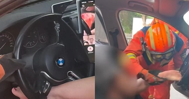 Kẹt chân vào vô lăng xe BMW, cô gái phải cầu cứu sau 2 giờ tự xoay xở
