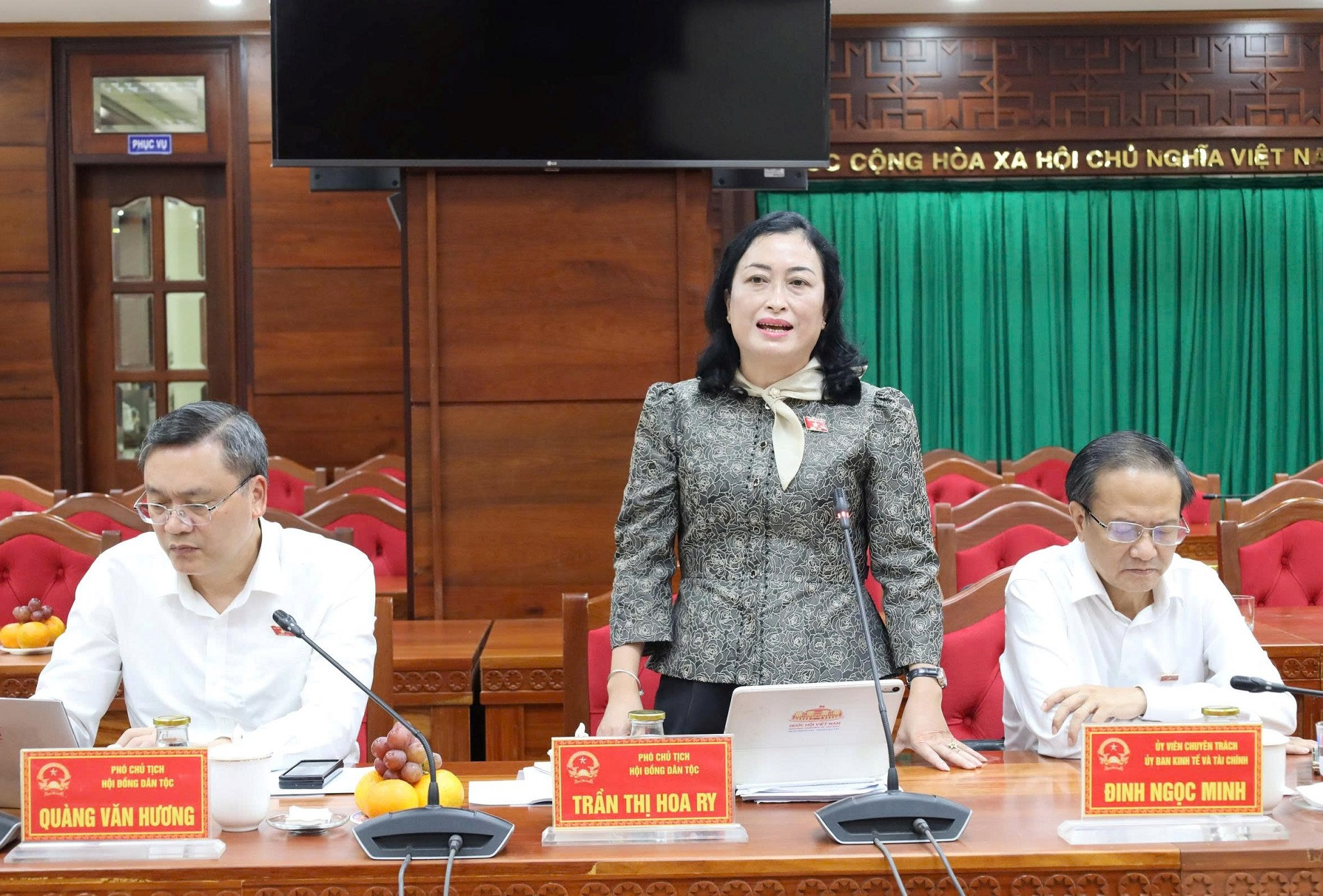 Phó Chủ tịch Hội đồng Dân tộc của Quốc hội Trần Thị Hoa Ry phát biểu tại buổi làm việc.jpg