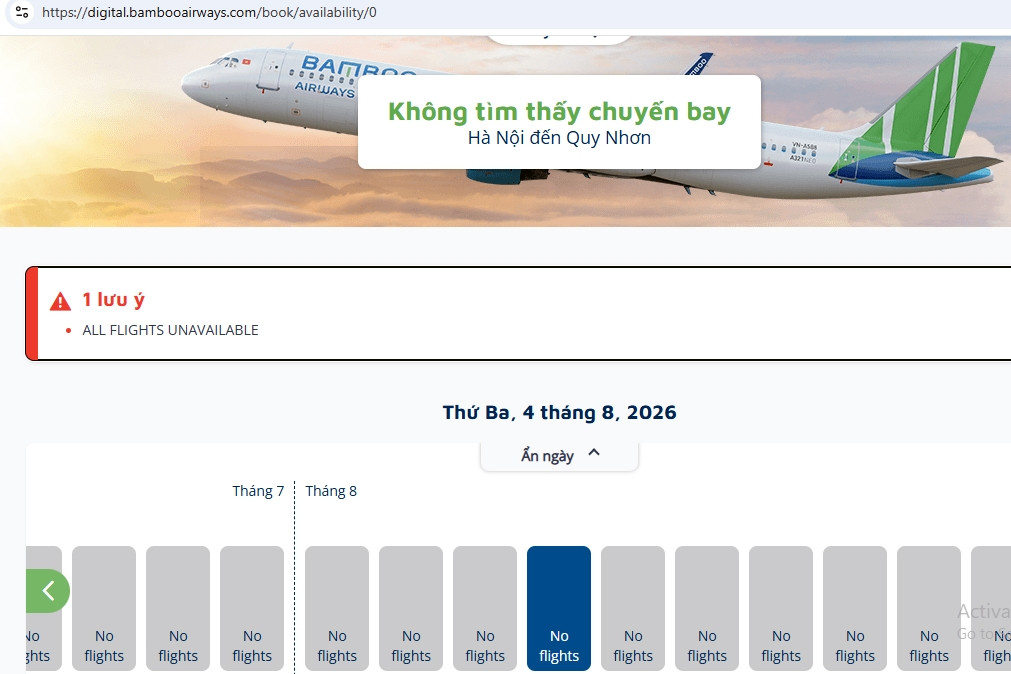 Bamboo Airways bất ngờ không hiển thị chuyến bay nào từ tháng 8