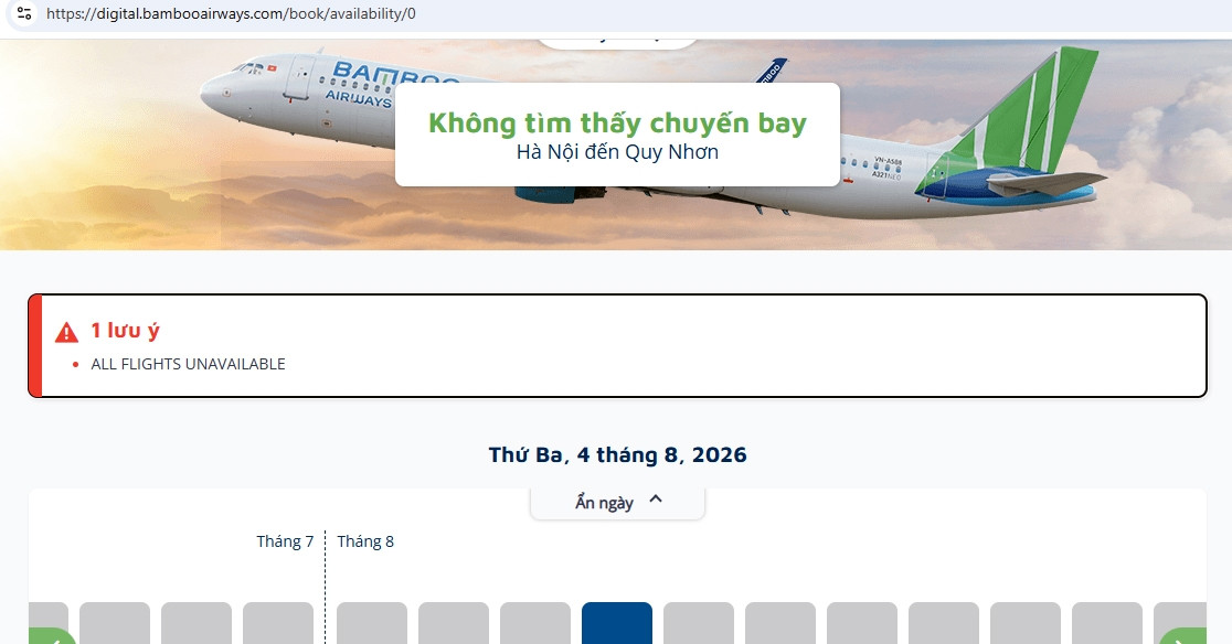 Bamboo Airways bất ngờ không hiển thị chuyến bay nào từ tháng 8