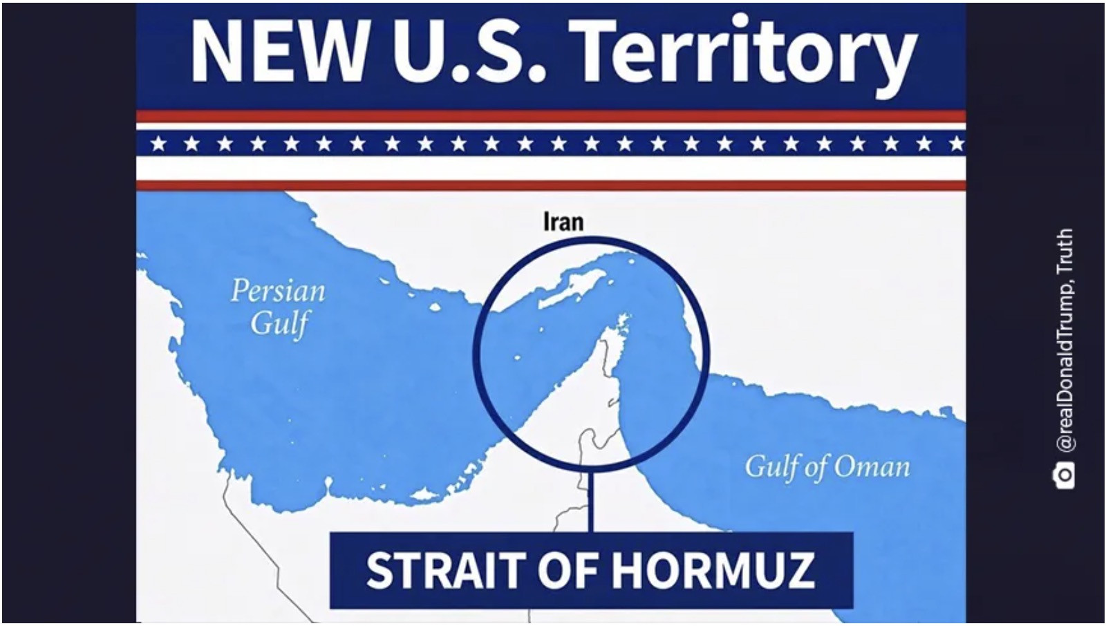 Ông Trump đăng ảnh bản đồ, đánh dấu eo biển Hormuz là lãnh thổ mới của Mỹ. Ảnh: Anadolu