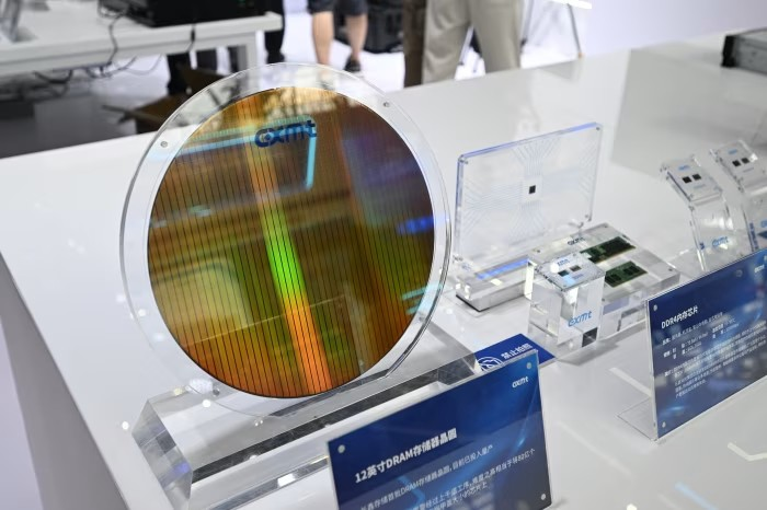 DRAM memory wafers are displayed at a convention in Hefei, China. Cfoto/DDP/Zuma Press