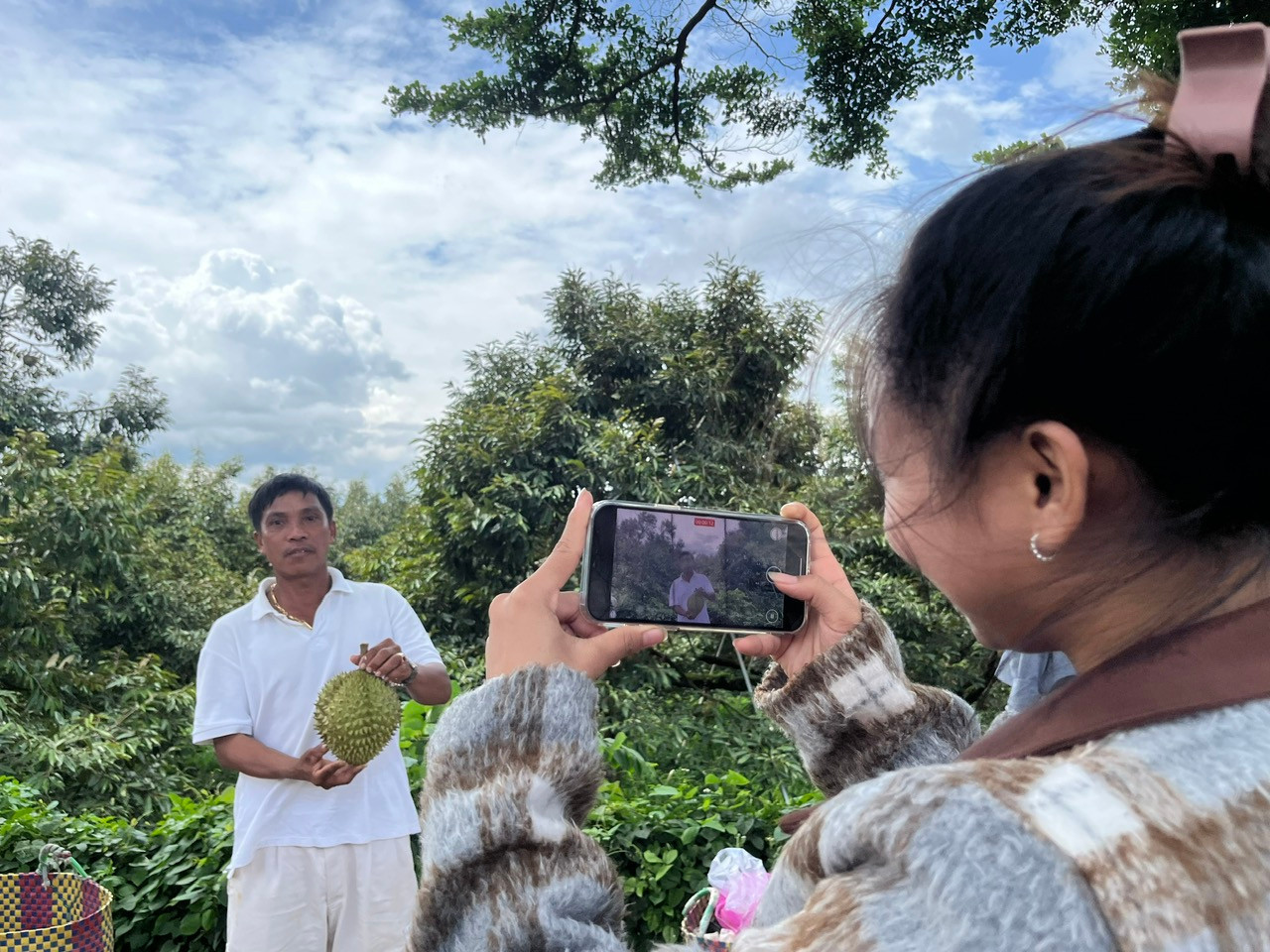 Ông Ama Thi buôn Ko Siêr quảng bá sầu riêng ngay trên rẫy của gia đình mình.