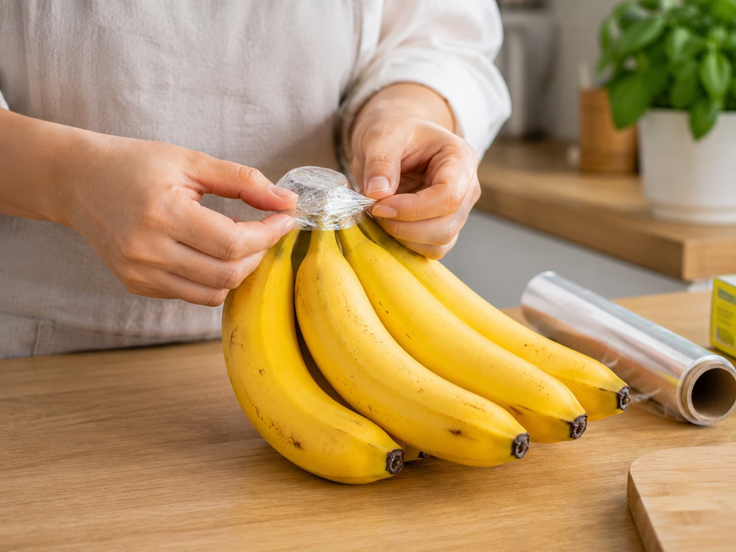 Phần cuống của quả chuối chín được bọc bằng màng bọc thực phẩm.jpg
