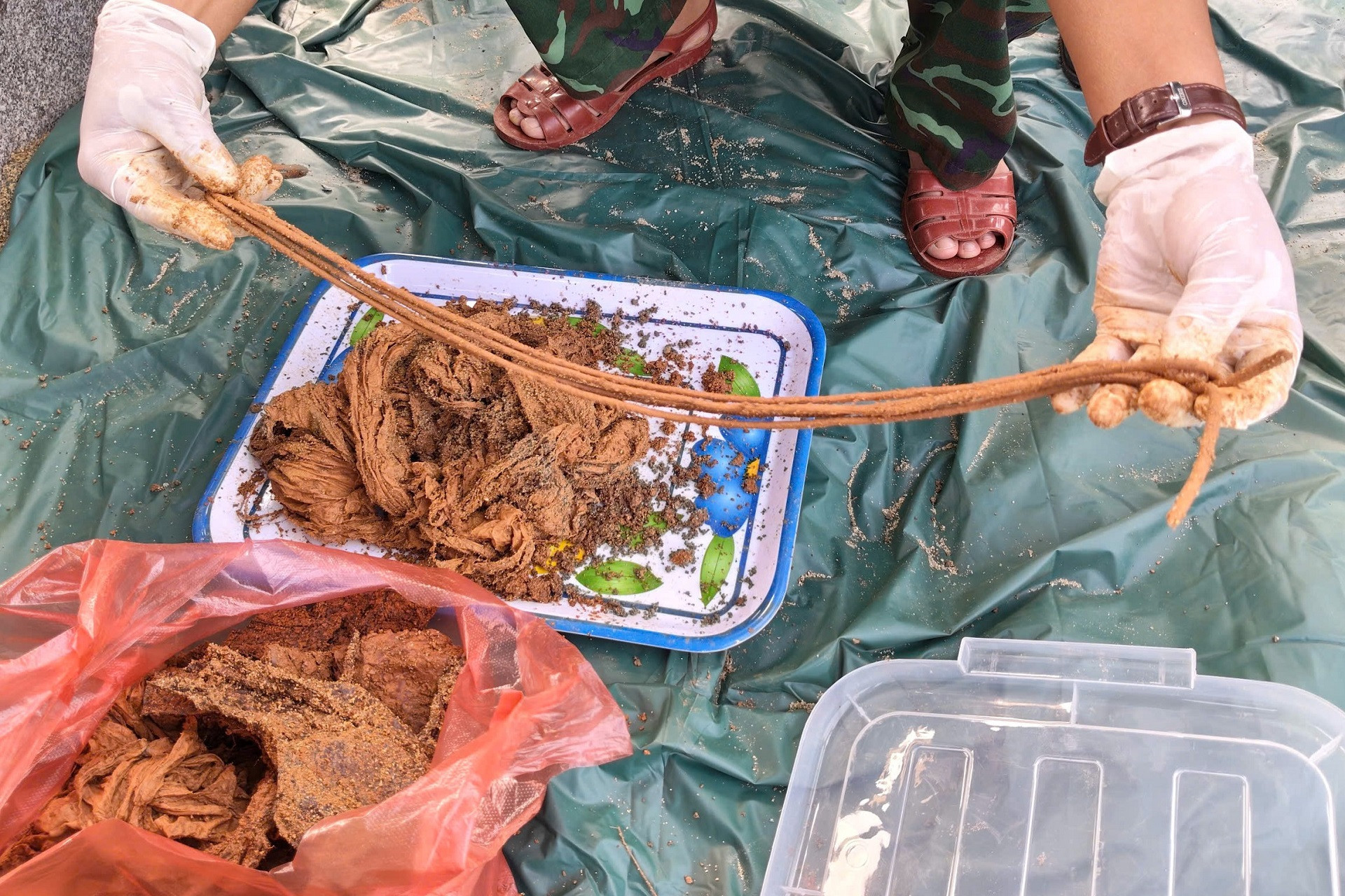 2. Dây dù và vải võng tìm thấy trong mộ tập thể.jpg