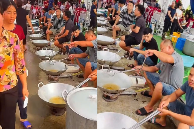 Đám cưới 100 mâm ở Phú Thọ, 70 người giúp nấu nướng, nam giới ‘lắc chảo to tay'
