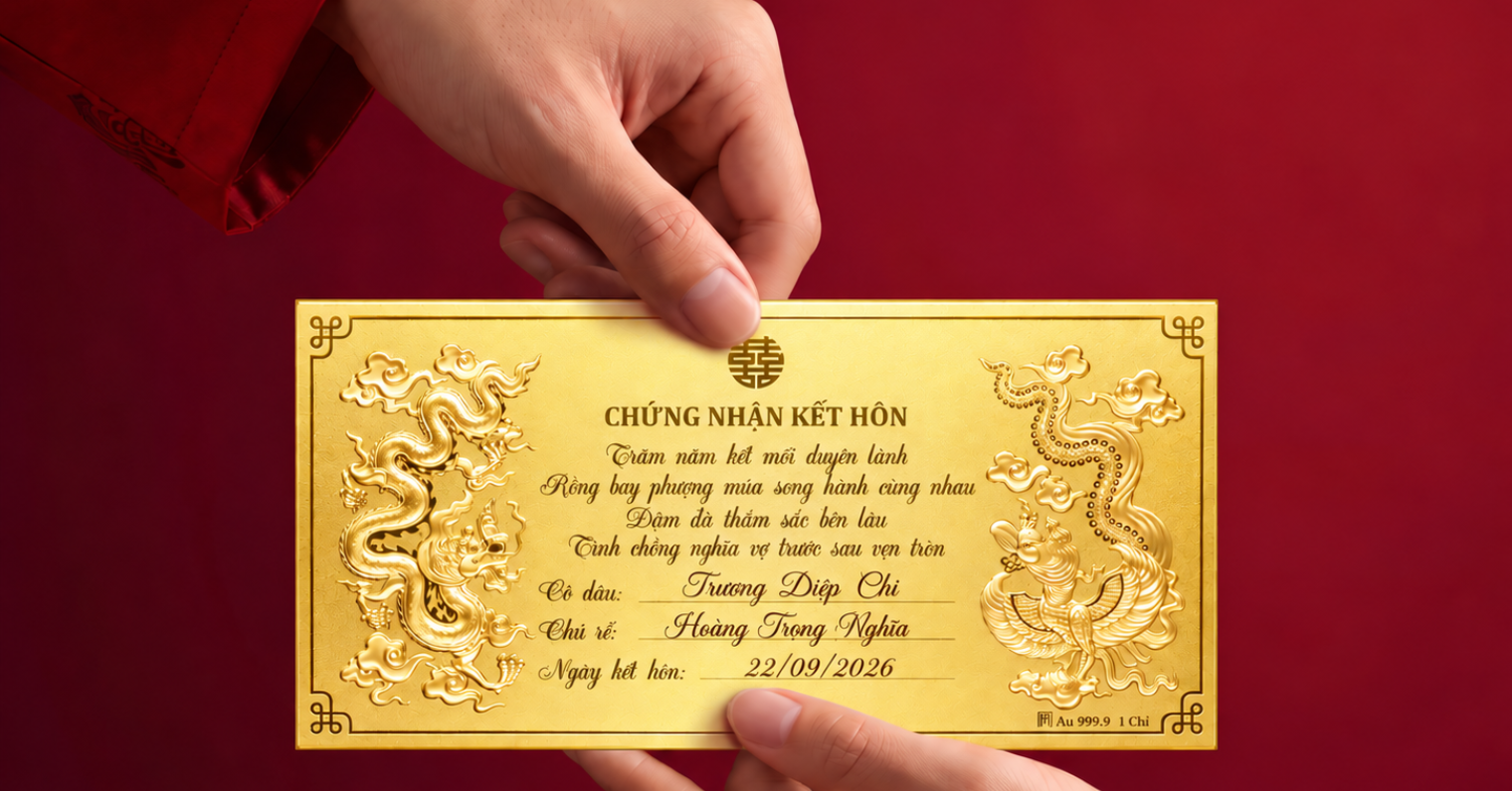 Độc lạ quà cưới: ‘Chứng nhận kết hôn’ bằng vàng khắc tên cô dâu, chú rể