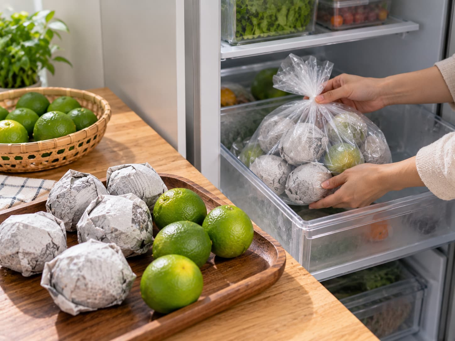 Dùng giấy báo bọc kín kết hợp túi nilon bảo quản chanh tươi.jpg