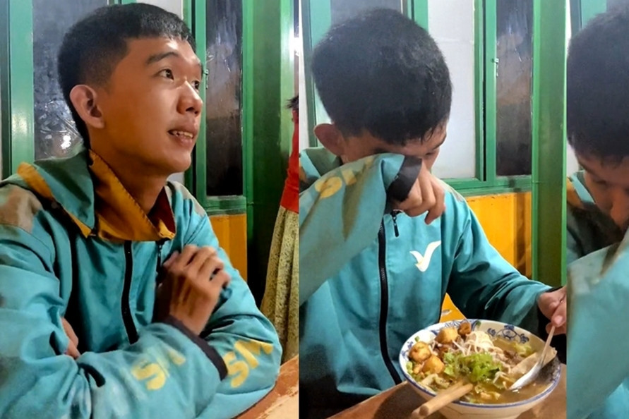 Motorbike taxi driver in tears as he eats expensive dish on his birthday