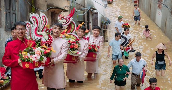 Bac Ninh groom wades through flood to bring bride home in unforgettable wedding