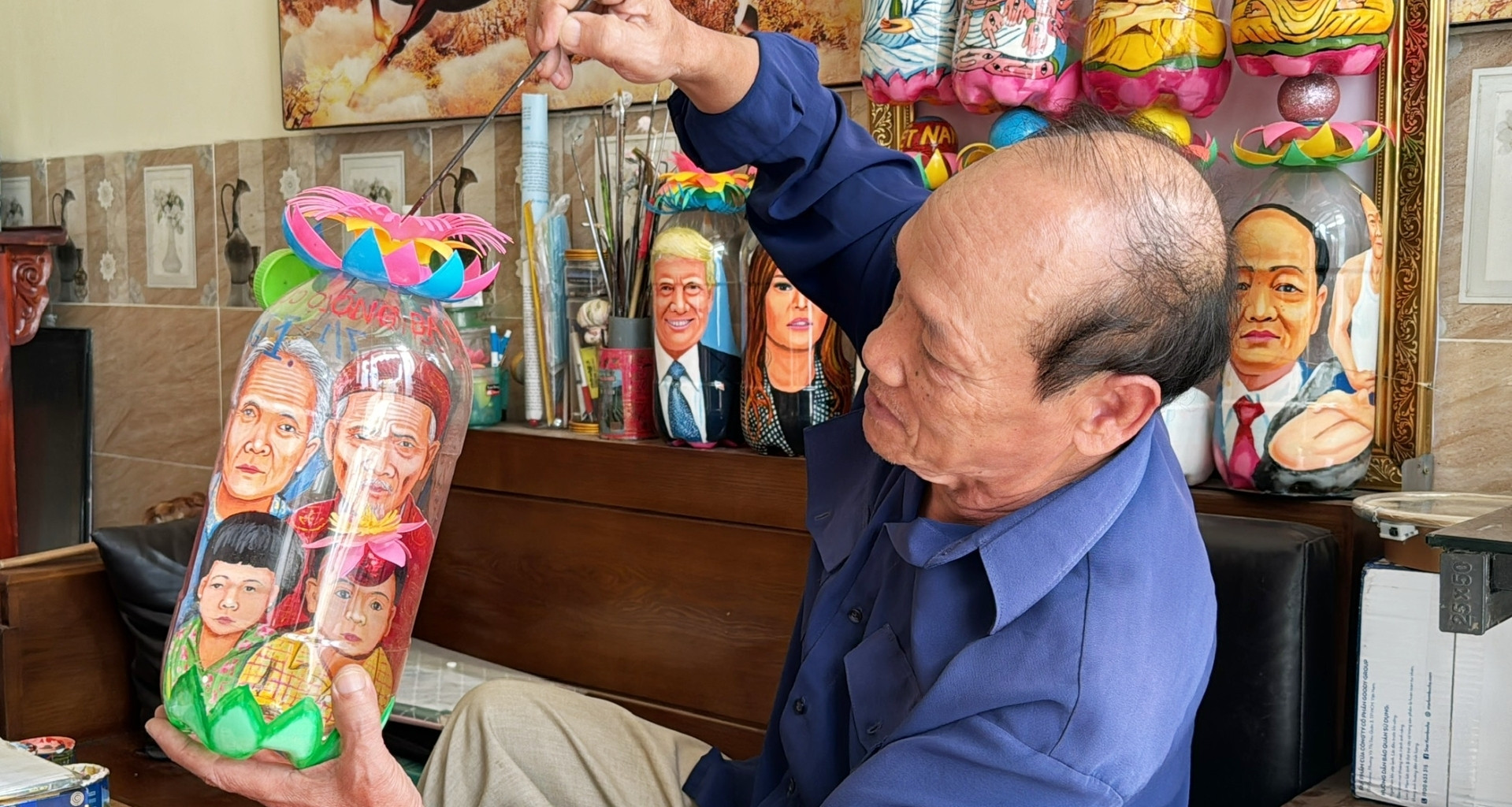 Man paints 7 family portraits inside one bottle using homemade brushes