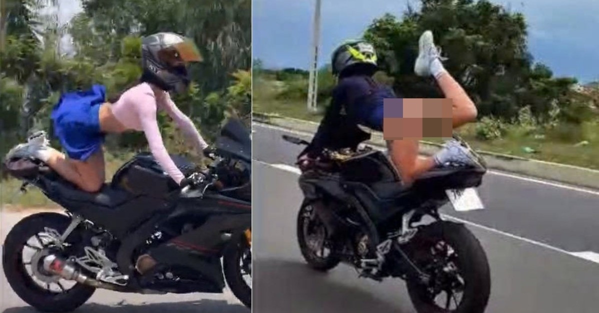 Foreign woman performs dangerous motorcycle stunt in Khanh Hoa