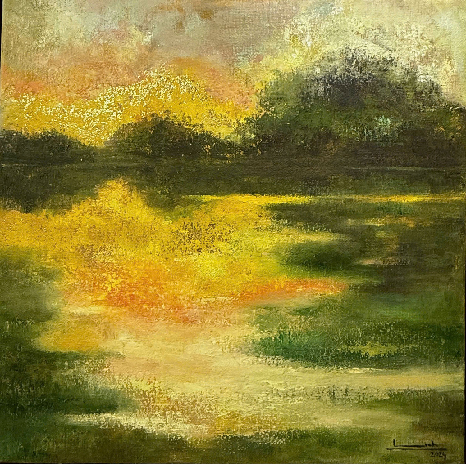 Tác phẩm 'Hoàng hôn', chất liệu sơn dầu trên toan và dán vàng 24k.jpg