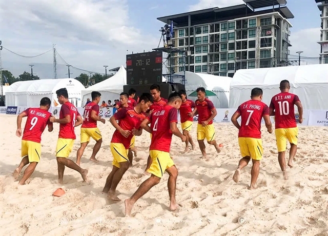Players prepare for the 2025 AFC Beach Soccer Asian Cup