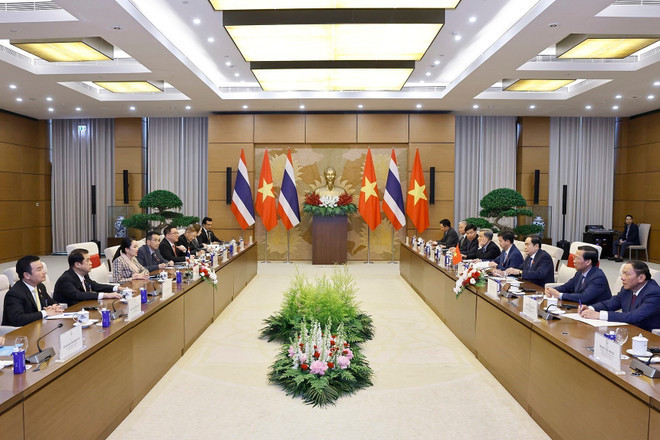 The meeting between National Assembly Chairman Tran Thanh Man and Thai Prime Minister Paetongtarn Shinawatra in Hanoi on May 15 (Photo: VNA)