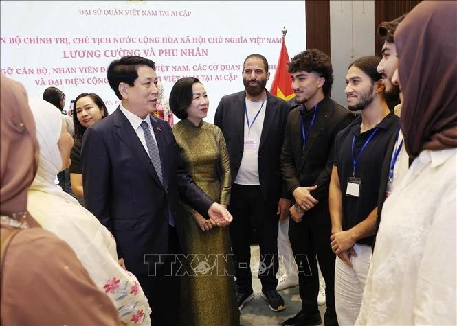 State President meets with Vietnamese embassy staff, community in Egypt