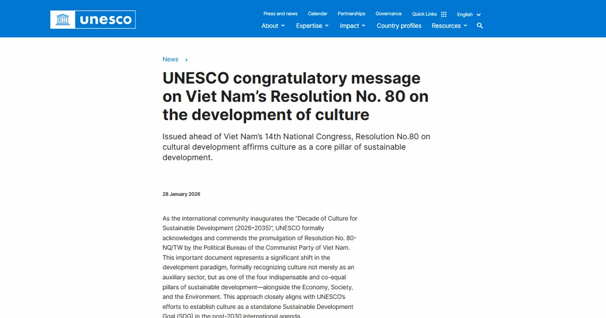 UNESCO delivers congratulatory message on Vietnam&rsquo;s Resolution No. 80